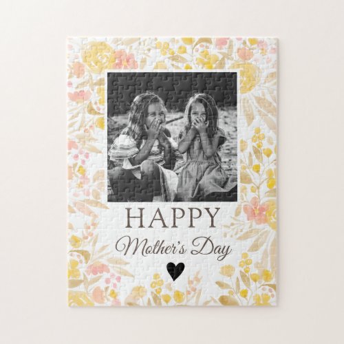 Yellow peach Floral watercolor cute photo Mother Jigsaw Puzzle