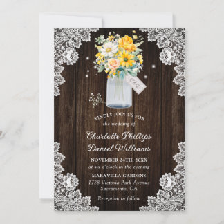 Yellow Peach Floral Wood Lace Rustic Wedding Invitation
