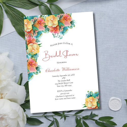Yellow Peach Pink Greenery Floral Bridal Shower Invitation