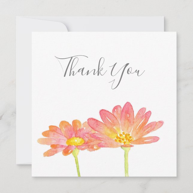 Yellow Peach Pink Watercolor Daisies Thank You Card (Front)