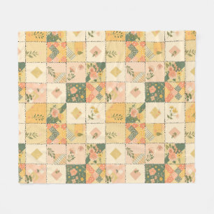 Yellow Peach Quilt Patchwork Gingham Cottagecore Fleece Blanket