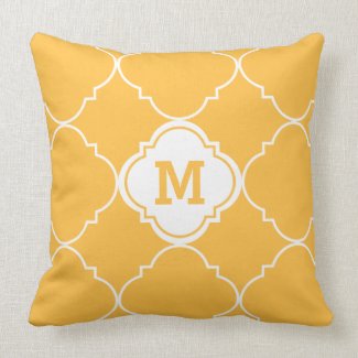 Yellow Peach White Quatrefoil Pattern Monogrammed Throw Pillow