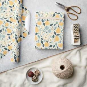 Yellow Pear and Leaf Fruit Pattern Design. Wrapping Paper