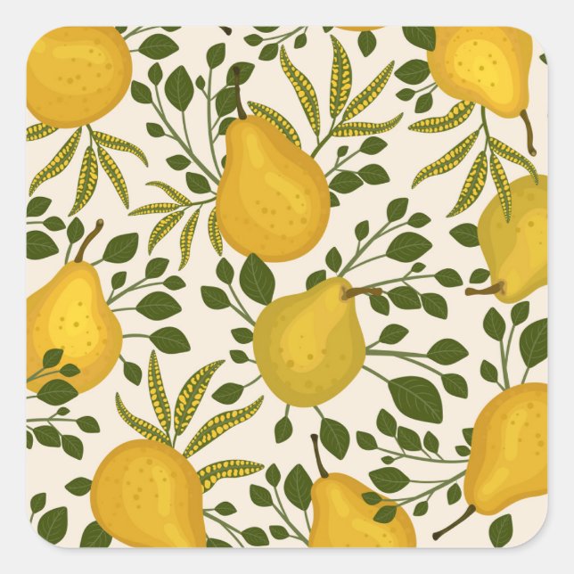 Yellow Pears Leaves White Background Square Sticker (Front)