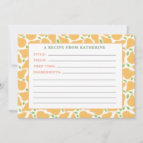 yellow pears rustic detailed recipe note card