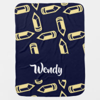Yellow pencil silhouette on blue baby blanket