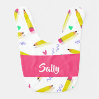 Yellow pencils and scrabbles on white baby bib