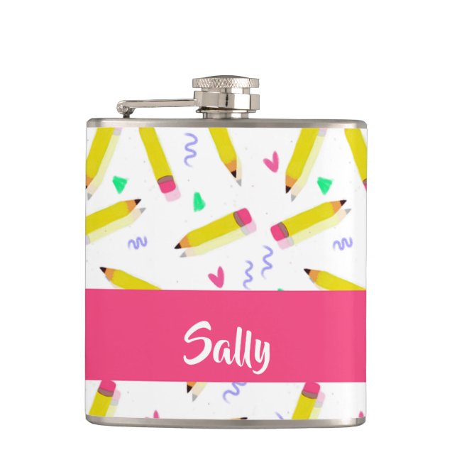 Yellow pencils and scrabbles on white flask (Front)