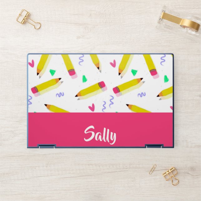 Yellow pencils and scrabbles on white HP laptop skin (Desk)