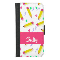 Yellow pencils and scrabbles on white iPhone 8/7 wallet case