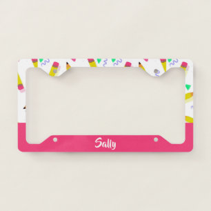 Yellow pencils and scrabbles on white license plate frame