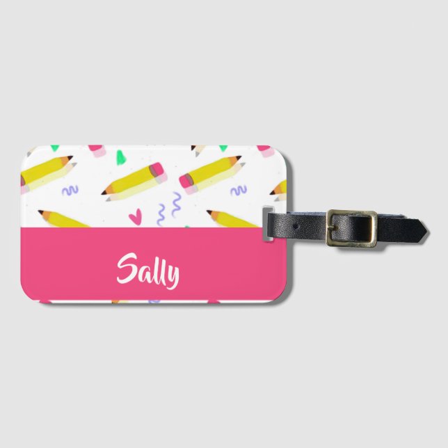 Yellow pencils and scrabbles on white luggage tag (Front Horizontal)