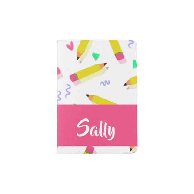 Yellow pencils and scrabbles on white passport holder (Front)