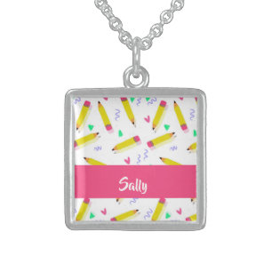 Yellow pencils and scrabbles on white sterling silver necklace