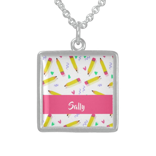 Yellow pencils and scrabbles on white sterling silver necklace (Front)