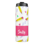 Yellow pencils and scrabbles on white thermal tumbler