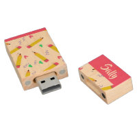 Yellow pencils and scrabbles on white wood flash drive