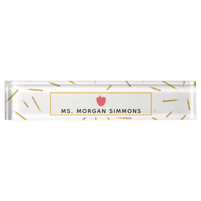Yellow Pencils Pink Apple Teacher Desk Name Plate (Front)