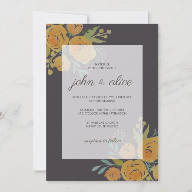 Yellow Peonies and Roses Wedding Invitation (Front)