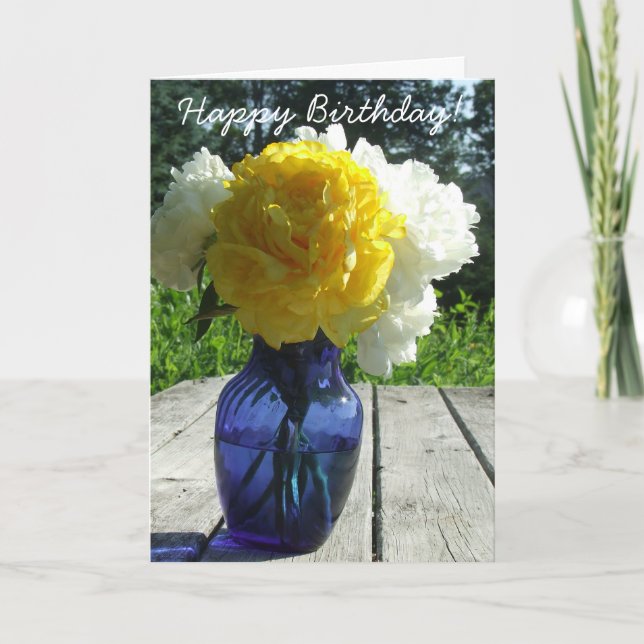 Yellow Peonies in Blue Vase Happy Birthday Card (Front)