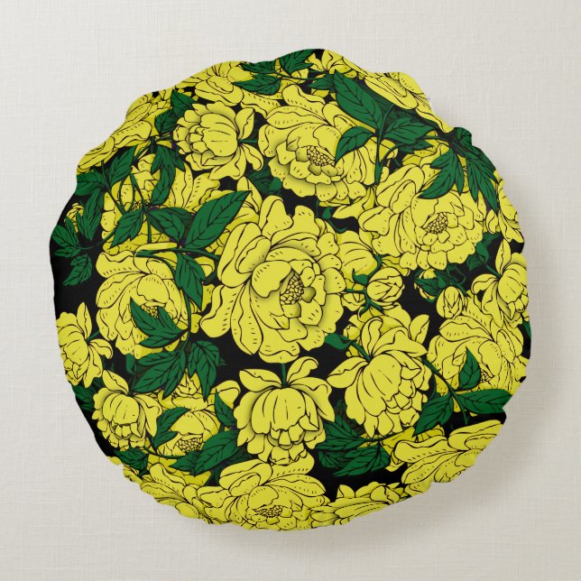 Yellow Peonies Round Pillow (Back)