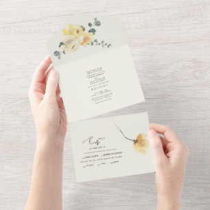 Yellow Peonies Teal & Cream Wedding No Parents All In One Invitation