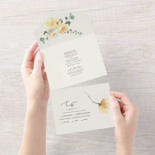 Yellow Peonies Teal  Cream Wedding No Parents  All In One Invitation