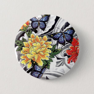 Yellow Peony and Butterfly Tattoo Design Pinback Button