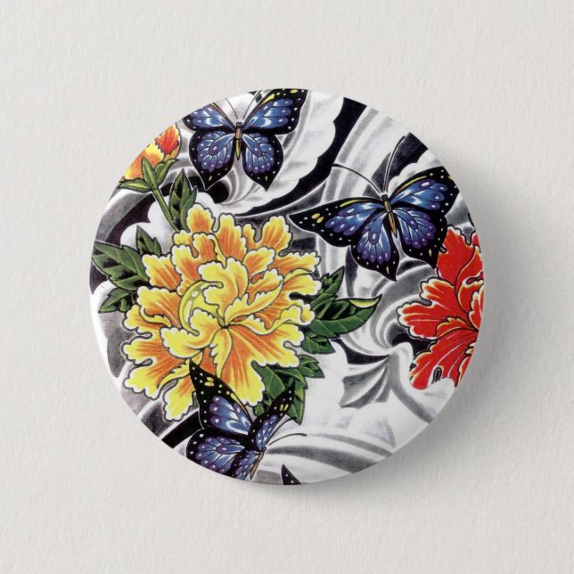 Yellow Peony and Butterfly Tattoo Design Pinback Button (Front)
