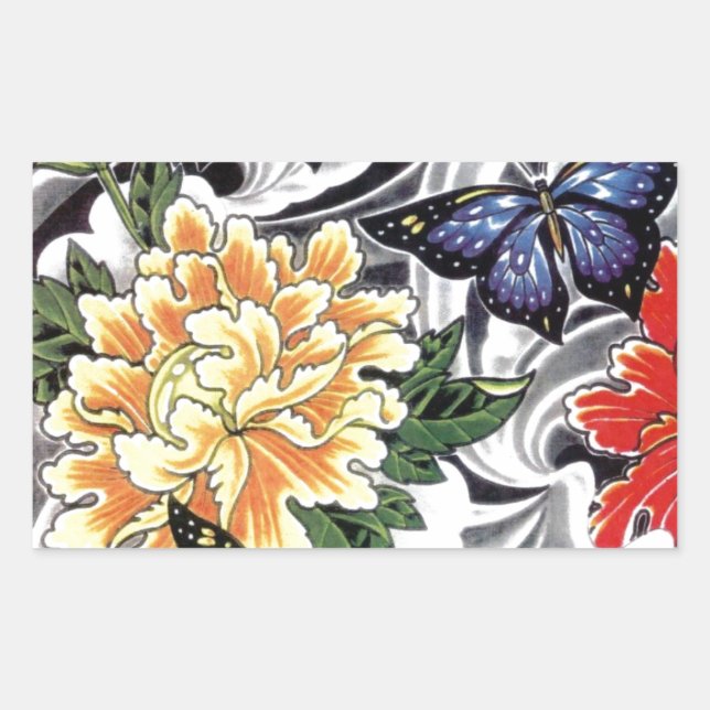 Yellow Peony and Butterfly Tattoo Design Rectangular Sticker (Front)