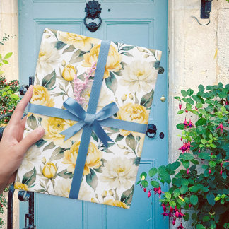 Yellow Peony and Chrysanthemum Floral Watercolor Wrapping Paper