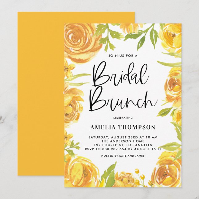 Yellow Peony and Rose Floral Wreath Bridal Brunch Invitation (Front/Back)