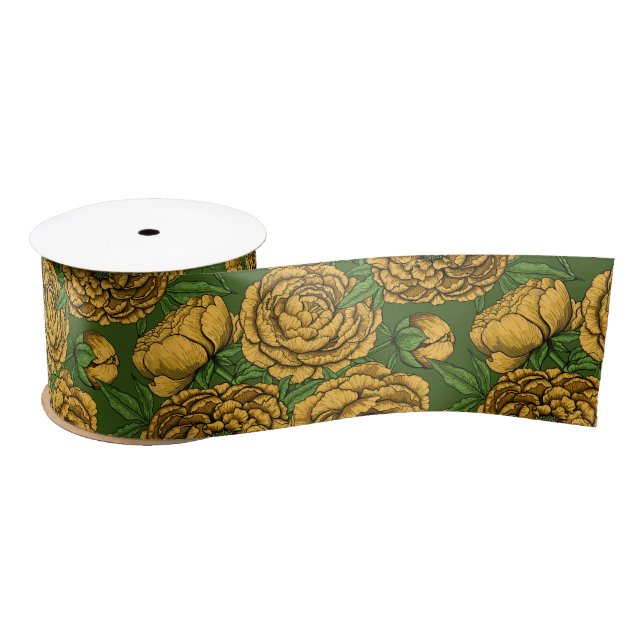 Yellow peony bouquet satin ribbon (Spool)