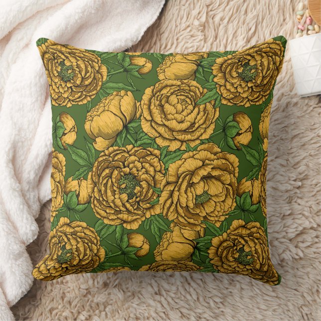 Yellow peony bouquet throw pillow (Blanket)