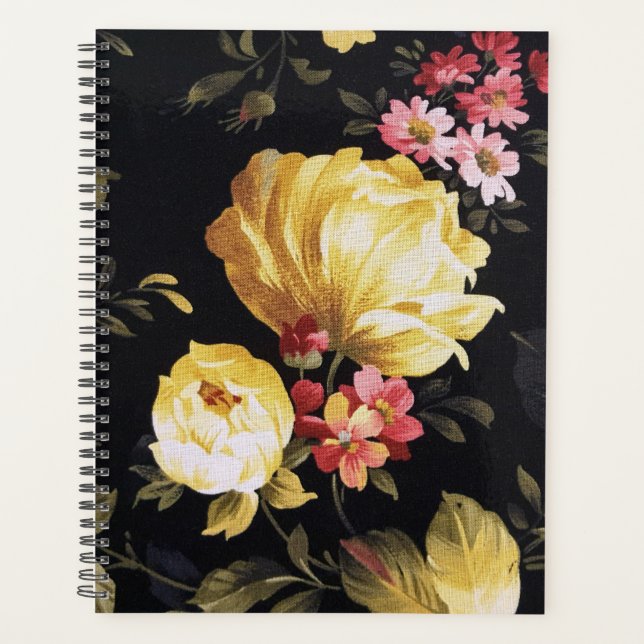 Yellow Peony Design on Black  Planner (Front)