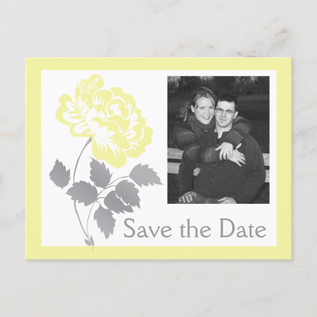 Yellow Peony on White Save the Date Postcard (Front)