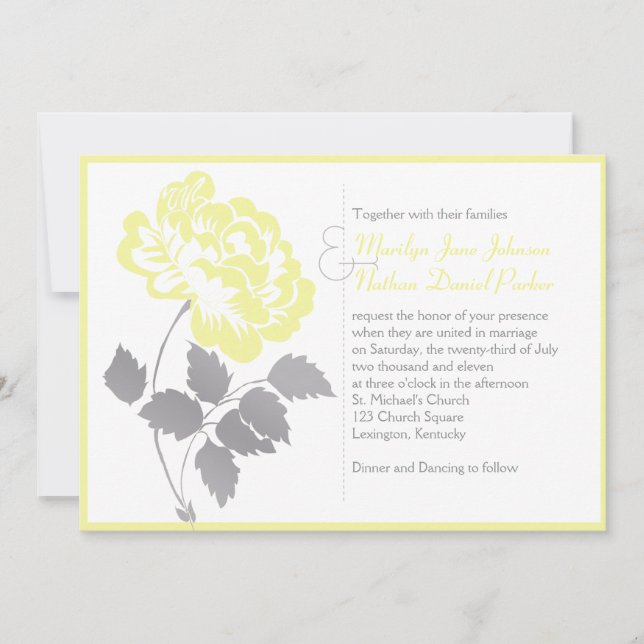 Yellow Peony on White Wedding Invitation (Front)
