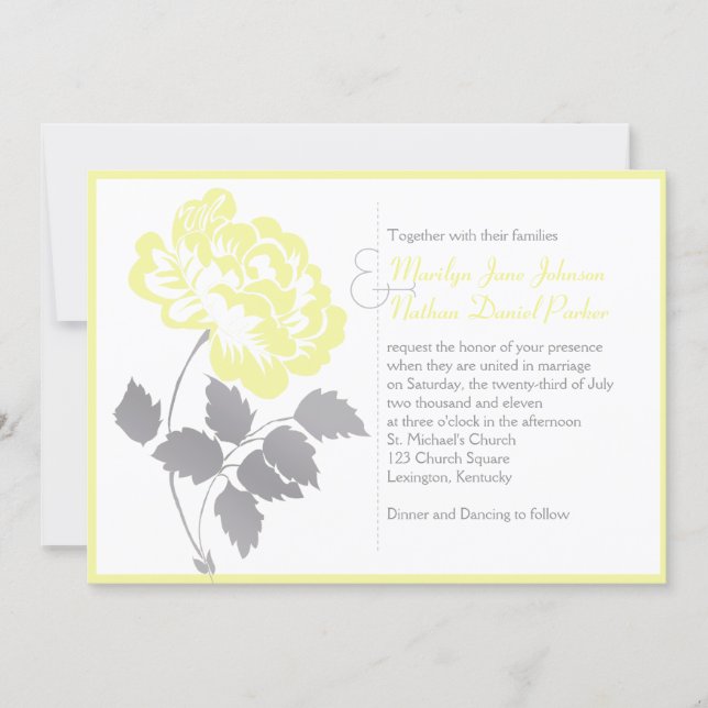 Yellow Peony on White Wedding Invitation (Front)
