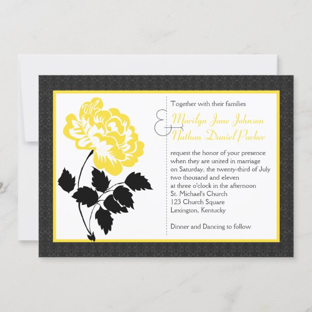 Yellow Peony on White with Charcoal Black Damask Invitation (Front)