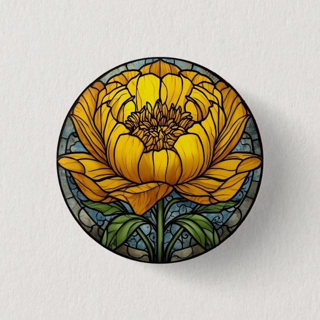 Yellow Peony Stained Glass Button (Front)
