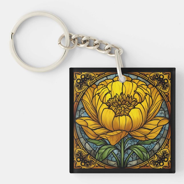 Yellow Peony Stained Glass Keychain (Front)