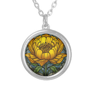 Yellow Peony Stained Glass Silver Plated Necklace
