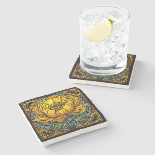 Yellow Peony Stained Glass Stone Coaster