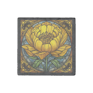 Yellow Peony Stained Glass Stone Magnet