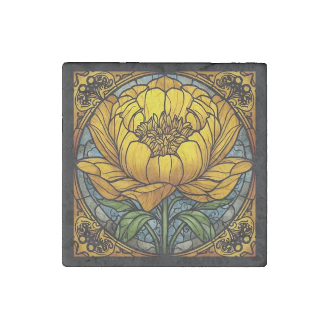 Yellow Peony Stained Glass Stone Magnet (Front)