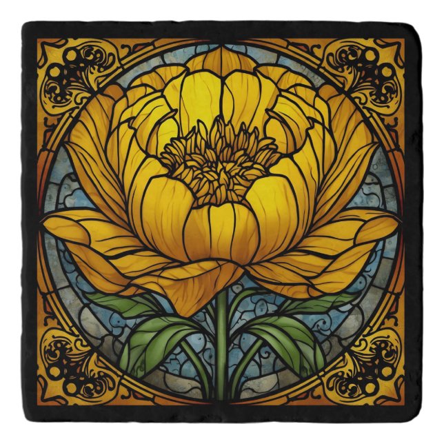 Yellow Peony Stained Glass Trivet (Front)