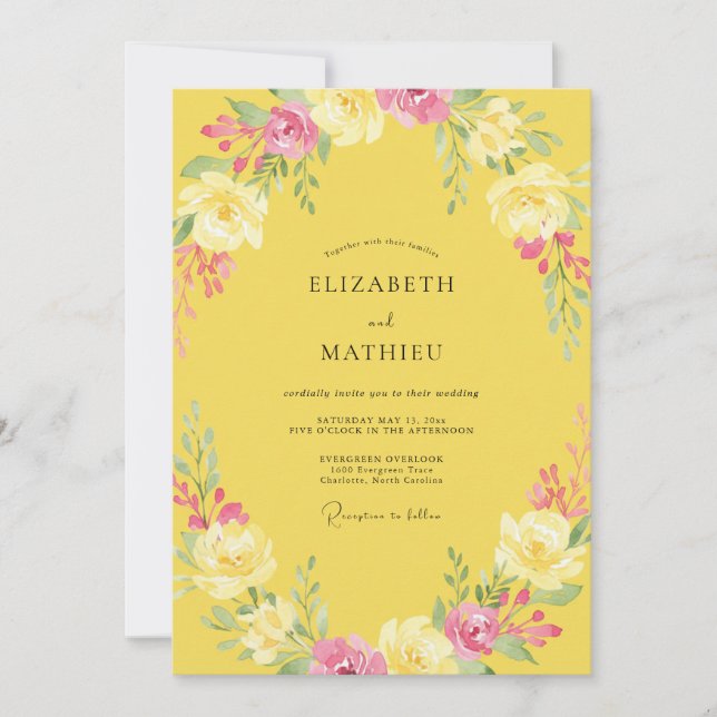 Yellow Peony Wreath Wedding Invitation (Front)