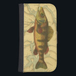 Yellow Perch on Map Samsung S4 Wallet Case<br><div class="desc">This print illustrates an artistic picture of a yellow perch fish. The background displays a vintage geographic map in light beige colors. The brown frame resembles old wood pattern with yellow-red flowers in the edges. A great addition to your fishing collection!</div>
