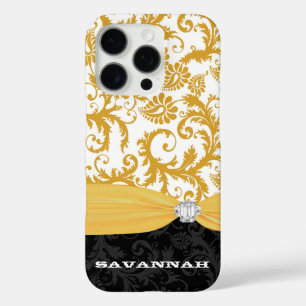 Yellow Personalized Faux Rhinestone Damask iPhone iPhone 16 Pro Case