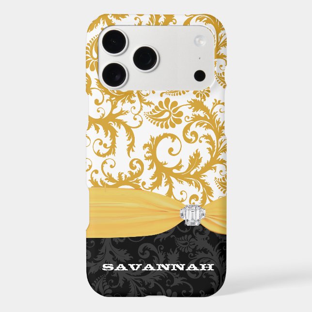 Yellow Personalized Faux Rhinestone Damask iPhone Case-Mate iPhone Case (Back)